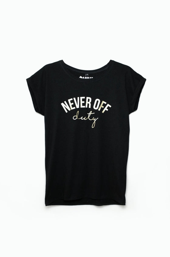 Never Off Duty black and silver GLITTER t-shirt