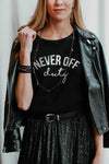 Black and Silver Never Off Duty t-shirts by Mama Life London 