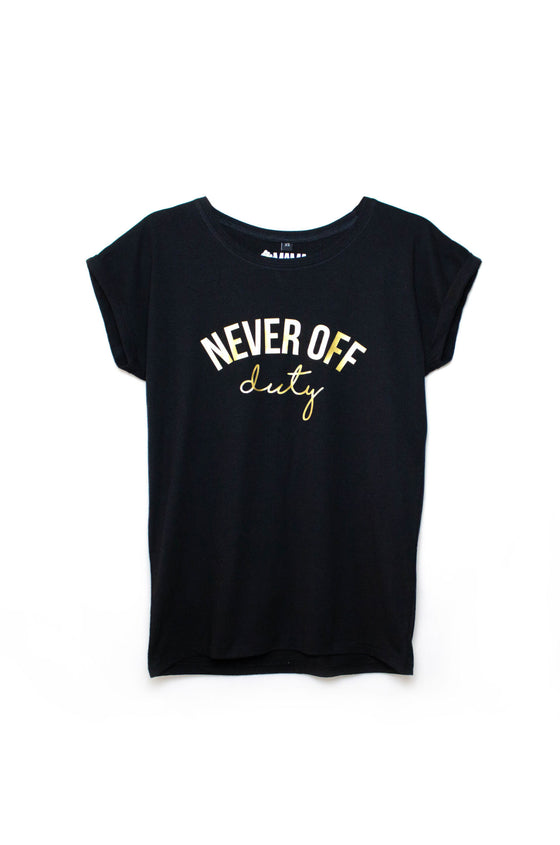 Never Off Duty black and gold tee