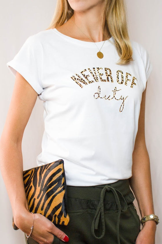 The leopard print white Never Off Duty t-shirt by Mama Life London