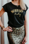 Never Off Duty black and gold tee