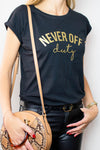 Never Off Duty t-shirt in black and gold